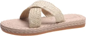 Ladies Fashion Solid Color Flax Strap Straw Woven Bottom Flat Open Toe Slippers Slip on Slippers for Women (Khaki, 7)