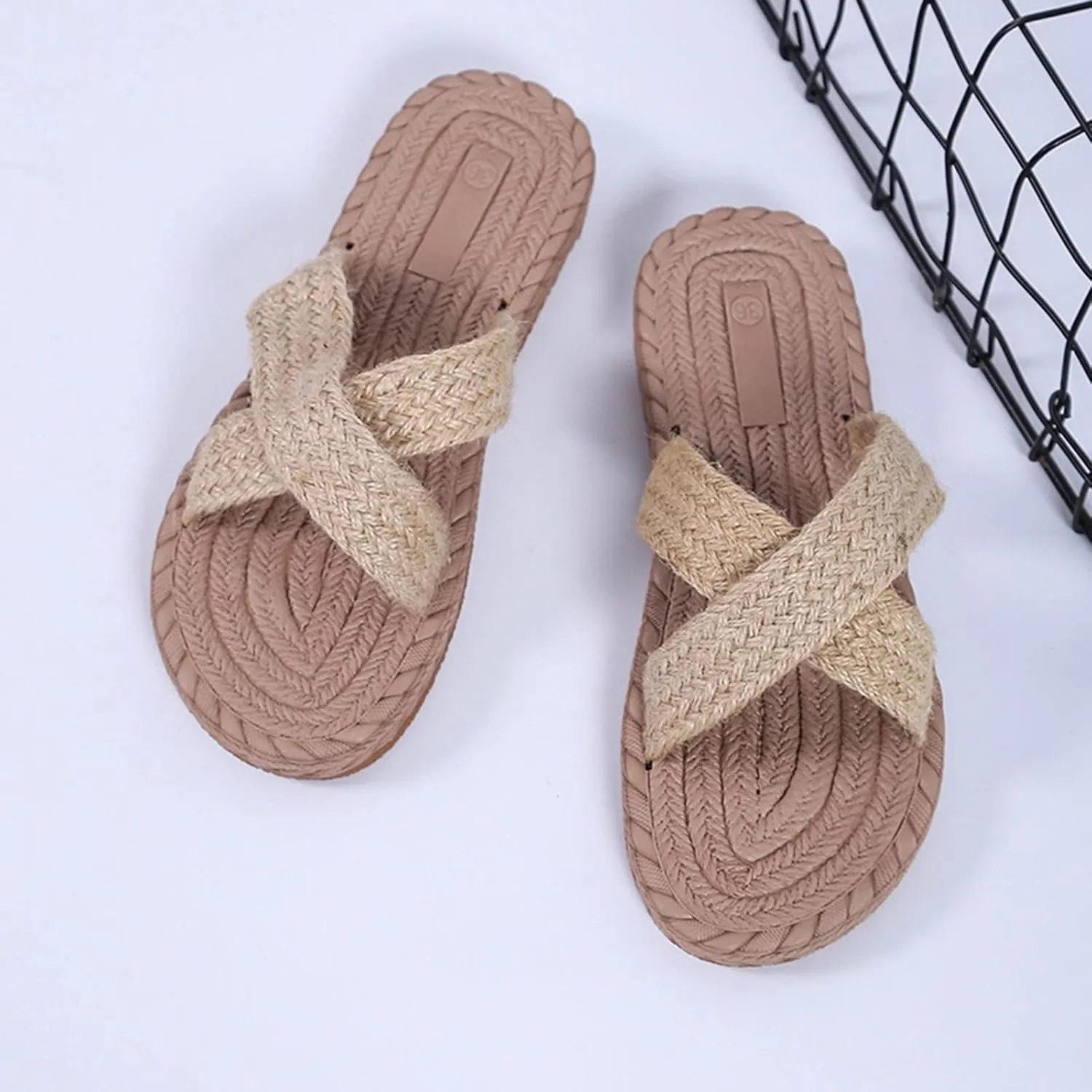 Ladies Fashion Solid Color Flax Strap Straw Woven Bottom Flat Open Toe Slippers Slip on Slippers for Women (Khaki, 7)