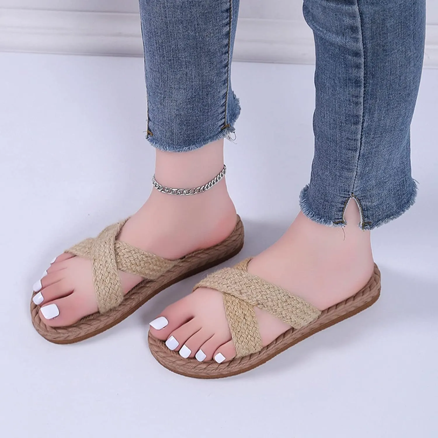 Ladies Fashion Solid Color Flax Strap Straw Woven Bottom Flat Open Toe Slippers Slip on Slippers for Women (Khaki, 7)