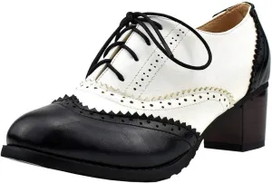 LUXMAX Womens Plaid Lace Up Wingtip Oxfords Brogues Shoes Stacked Block Heel Pumps