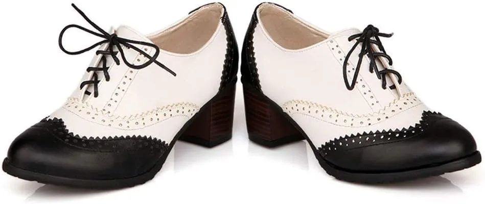 LUXMAX Womens Plaid Lace Up Wingtip Oxfords Brogues Shoes Stacked Block Heel Pumps