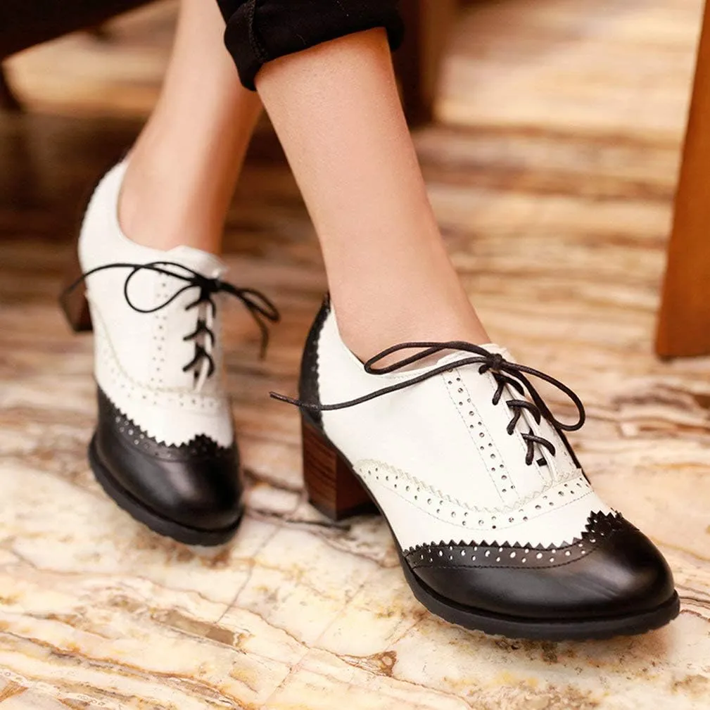 LUXMAX Womens Plaid Lace Up Wingtip Oxfords Brogues Shoes Stacked Block Heel Pumps