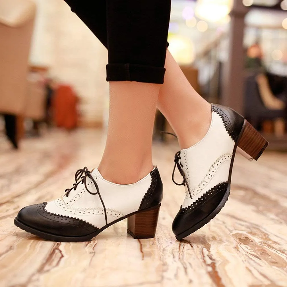 LUXMAX Womens Plaid Lace Up Wingtip Oxfords Brogues Shoes Stacked Block Heel Pumps