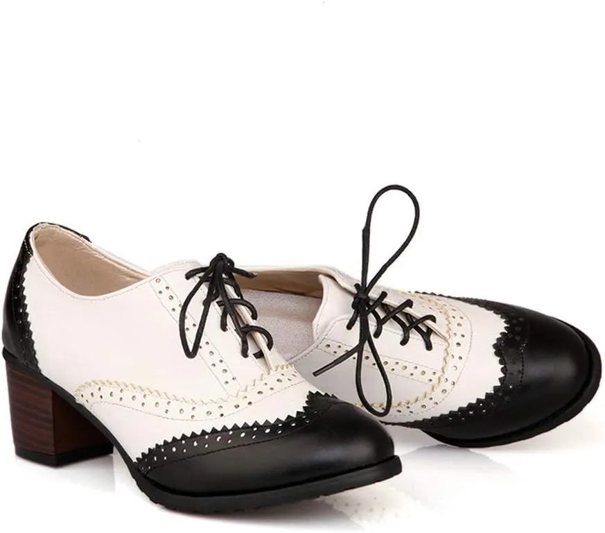 LUXMAX Womens Plaid Lace Up Wingtip Oxfords Brogues Shoes Stacked Block Heel Pumps