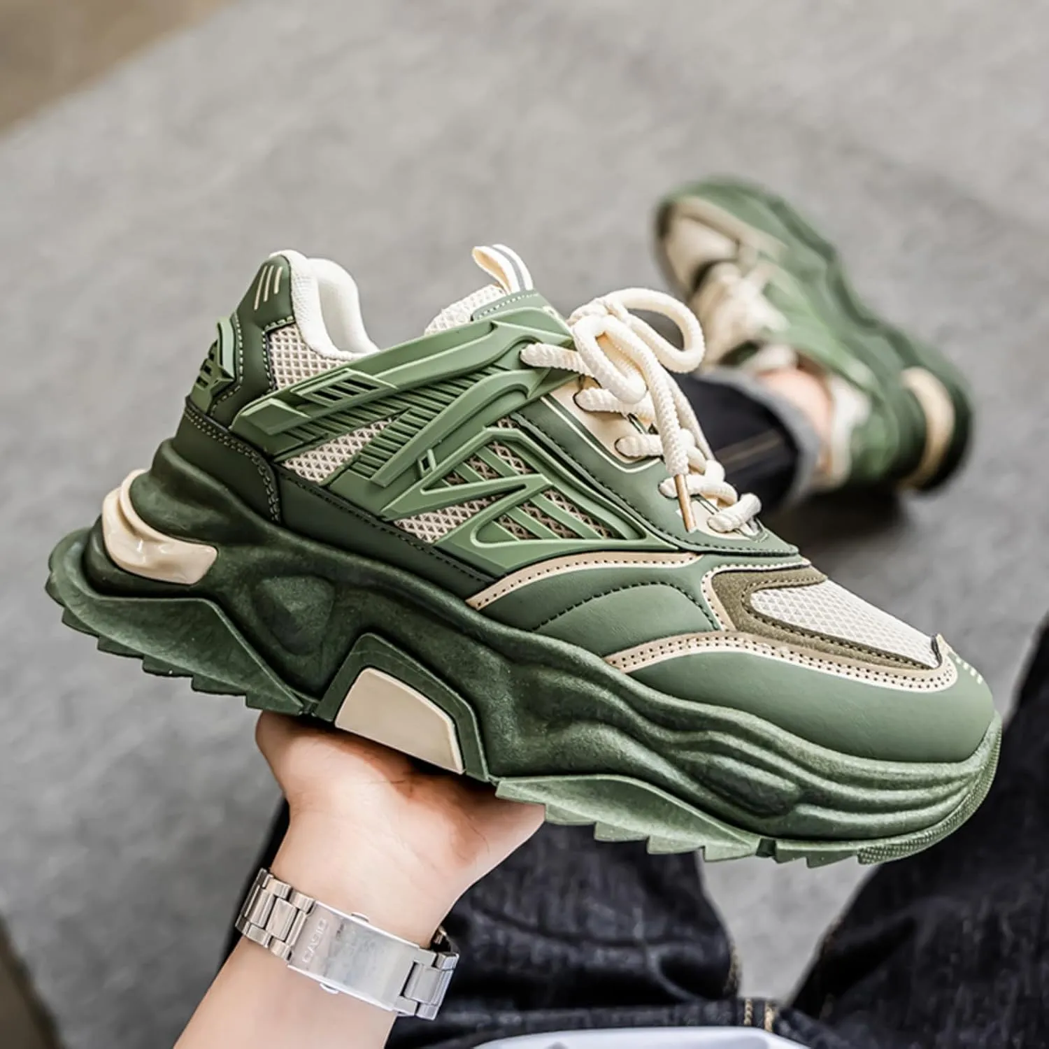 Men's Chunky Sneakers Lightweight Non-Slip Running Shoes | Breathable Mesh Lace-Up Design with Shock Absorption | Thick Platform Walking Shoes for Casual Outdoor Jogging & Gym Training