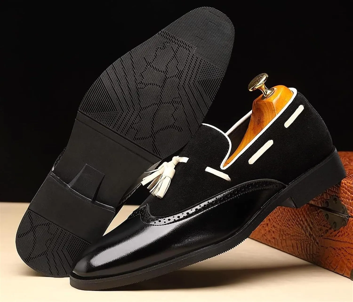 Men's Tassel Loafers Wingtip Leather Slip On Dress Derby Pointed Toe Casual Oxfords for Men
