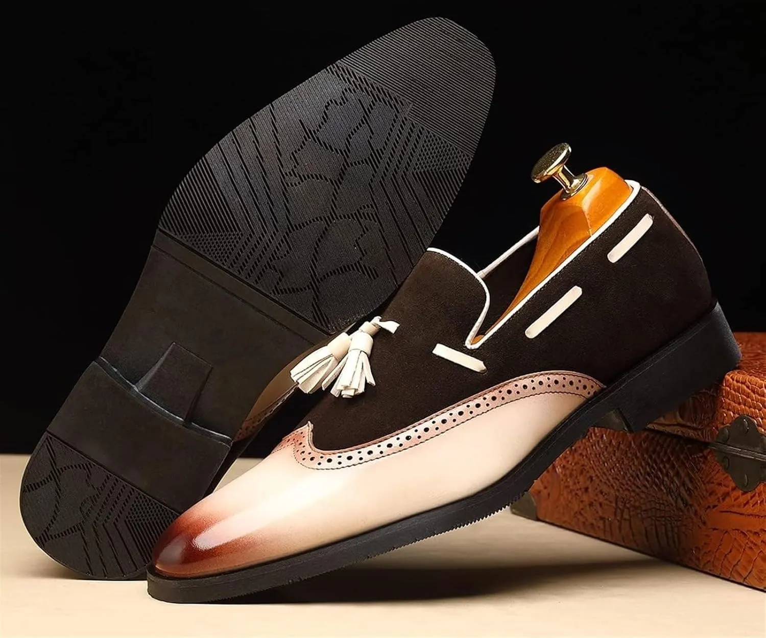 Men's Tassel Loafers Wingtip Leather Slip On Dress Derby Pointed Toe Casual Oxfords for Men