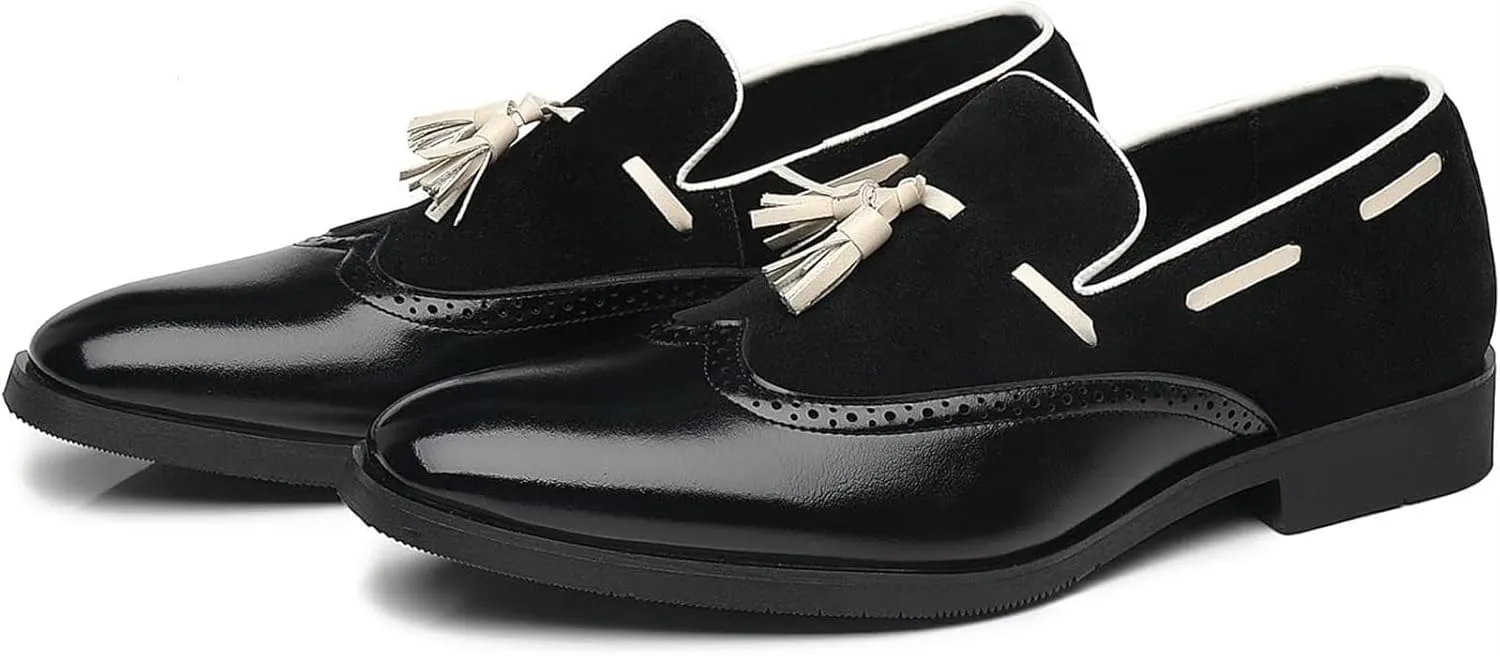 Men's Tassel Loafers Wingtip Leather Slip On Dress Derby Pointed Toe Casual Oxfords for Men