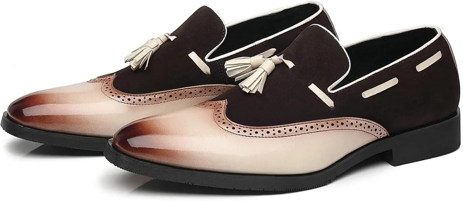 Men's Tassel Loafers Wingtip Leather Slip On Dress Derby Pointed Toe Casual Oxfords for Men