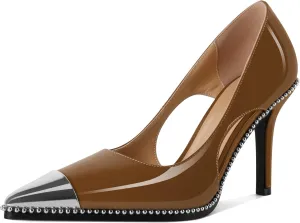 Mettesally Stiletto Heels Beaded Pumps for Women Sliver Cap Pointed Toe Pumps Sexy Cut Out High Heels for Women Dressy Causal 3.5 Inch