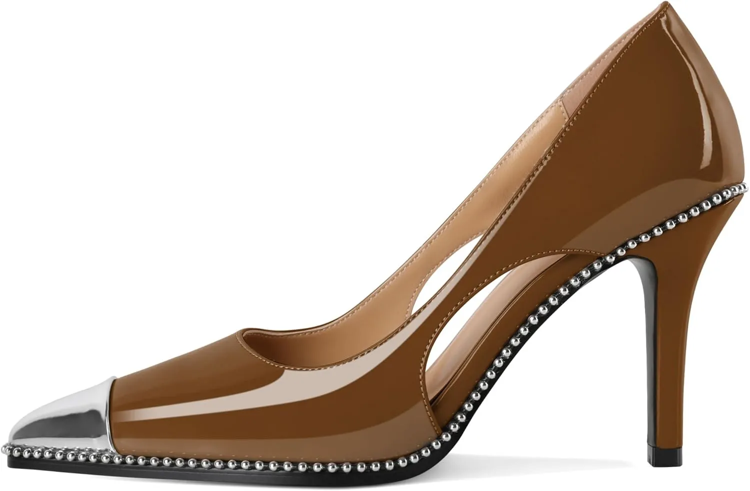 Mettesally Stiletto Heels Beaded Pumps for Women Sliver Cap Pointed Toe Pumps Sexy Cut Out High Heels for Women Dressy Causal 3.5 Inch