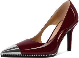 Mettesally Stiletto Heels Beaded Pumps for Women Sliver Cap Pointed Toe Pumps Sexy Cut Out High Heels for Women Dressy Causal 3.5 Inch
