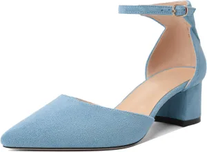 Mettesally Women's Low Block Heels Chunky Heel Closed Pointed Toe D'Orsay Pumps Ankle Strap Heeled Party Dress Shoes