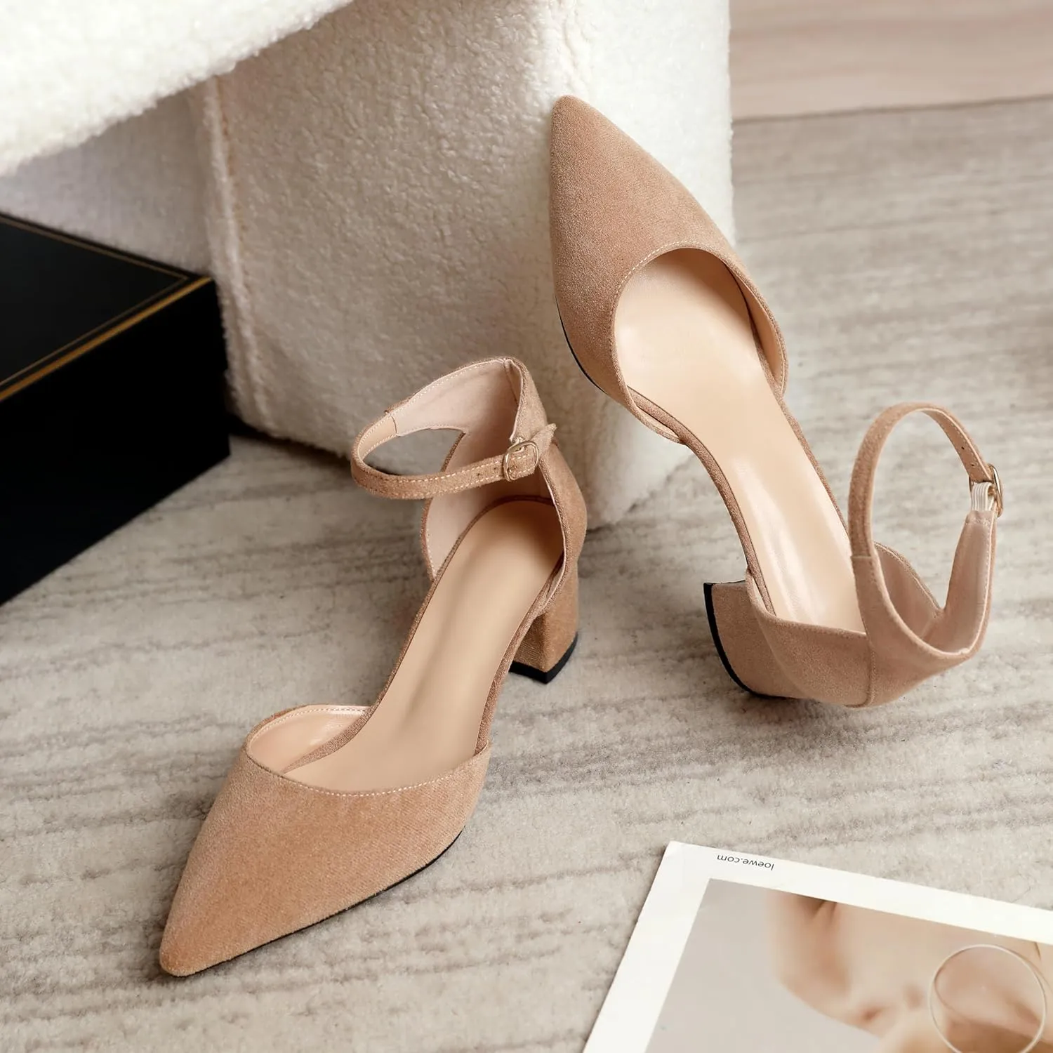 Mettesally Women's Low Block Heels Chunky Heel Closed Pointed Toe D'Orsay Pumps Ankle Strap Heeled Party Dress Shoes