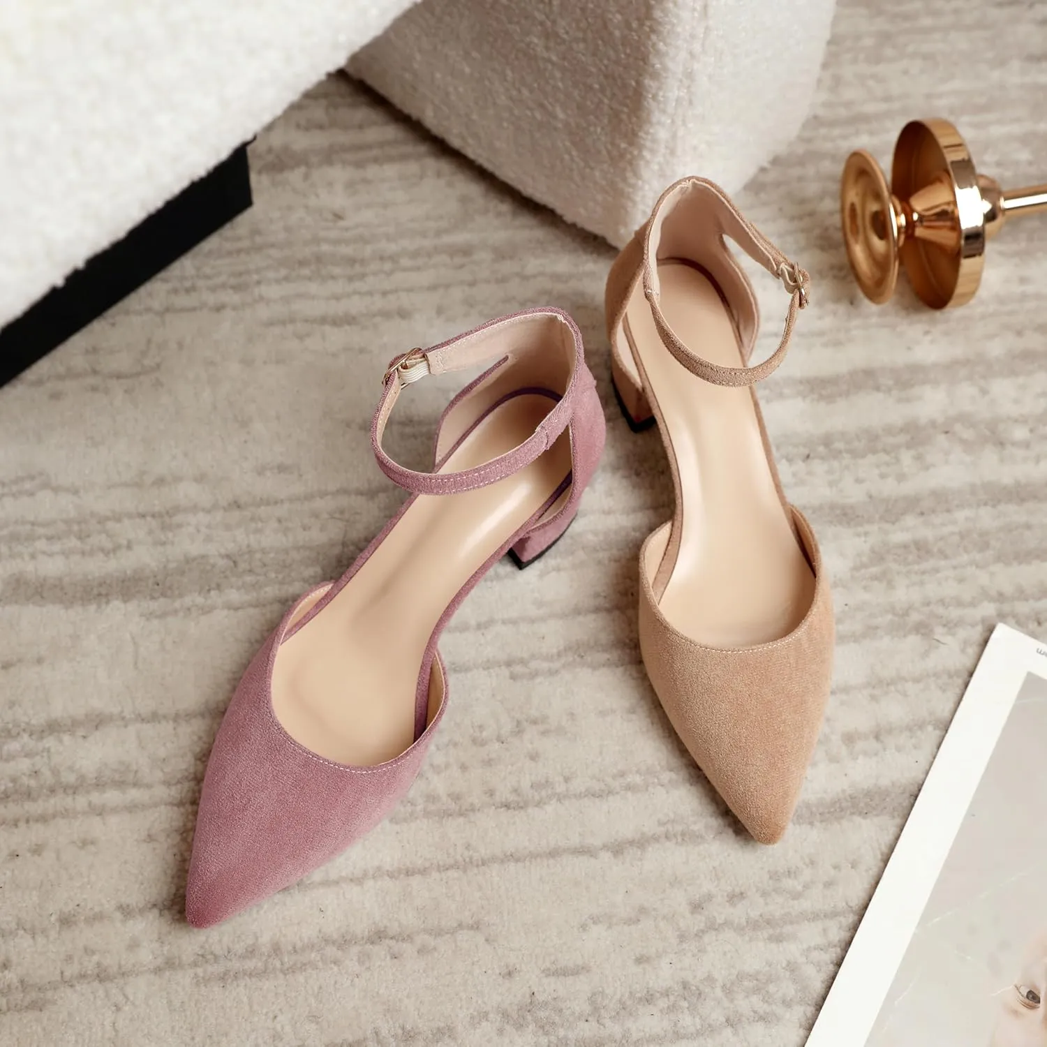 Mettesally Women's Low Block Heels Chunky Heel Closed Pointed Toe D'Orsay Pumps Ankle Strap Heeled Party Dress Shoes