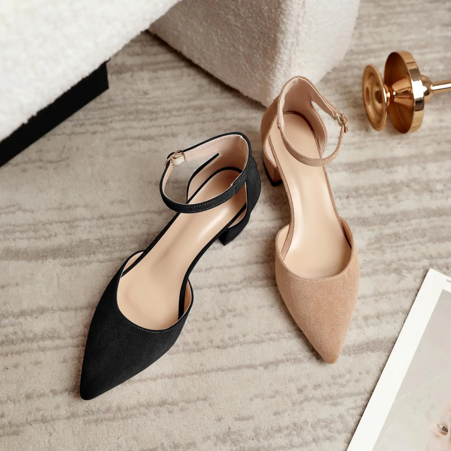 Mettesally Women's Low Block Heels Chunky Heel Closed Pointed Toe D'Orsay Pumps Ankle Strap Heeled Party Dress Shoes