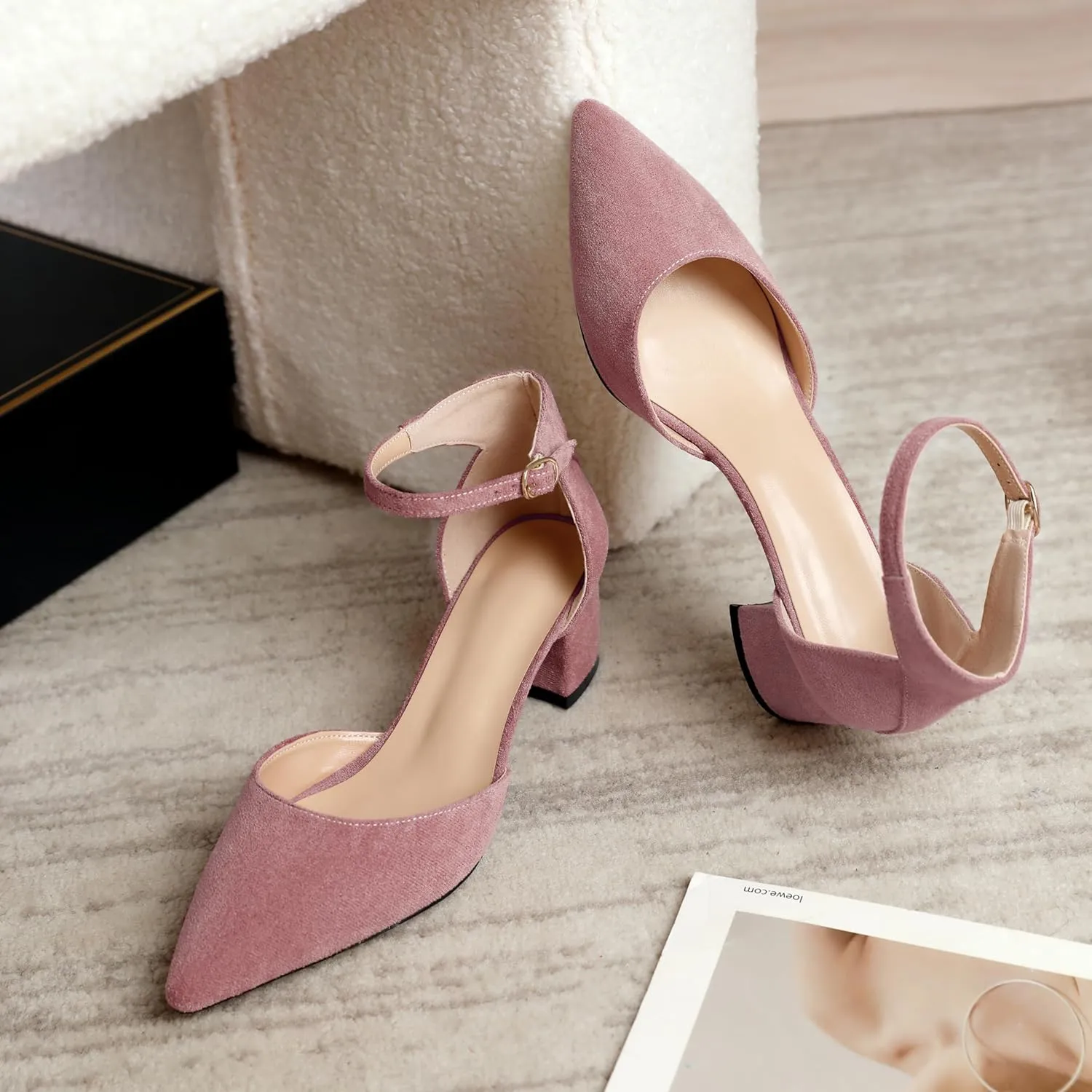 Mettesally Women's Low Block Heels Chunky Heel Closed Pointed Toe D'Orsay Pumps Ankle Strap Heeled Party Dress Shoes