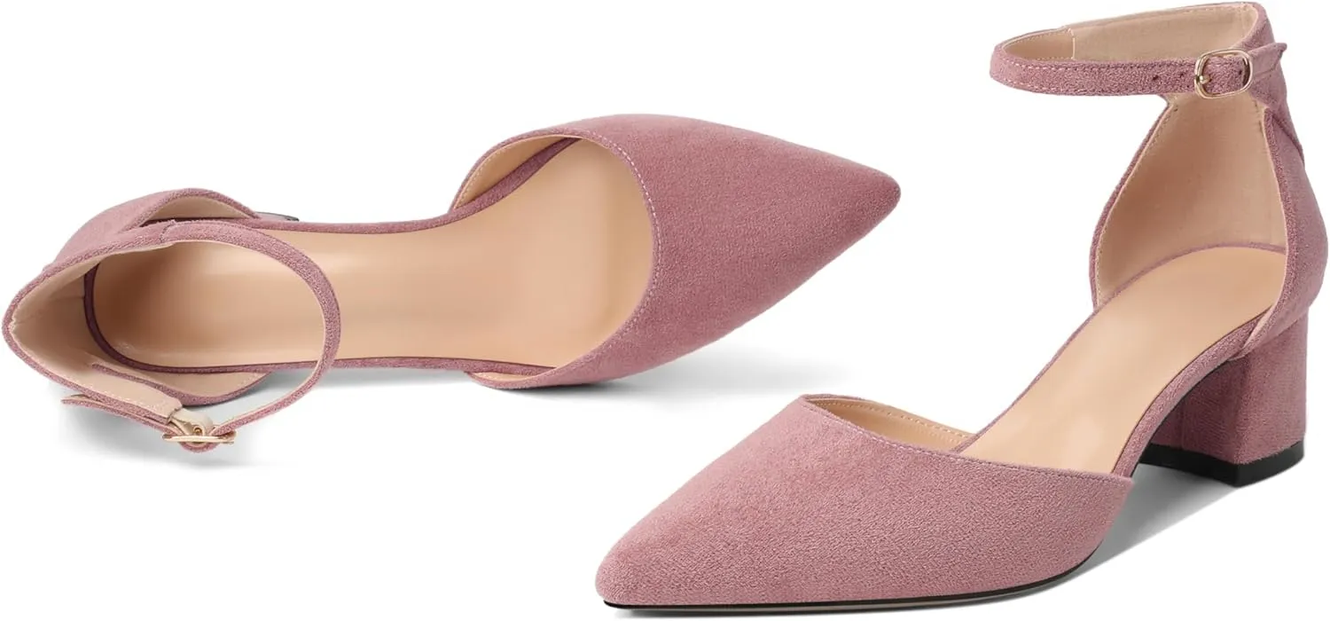 Mettesally Women's Low Block Heels Chunky Heel Closed Pointed Toe D'Orsay Pumps Ankle Strap Heeled Party Dress Shoes