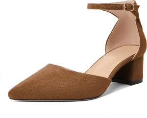 Mettesally Women's Low Block Heels Chunky Heel Closed Pointed Toe D'Orsay Pumps Ankle Strap Heeled Party Dress Shoes