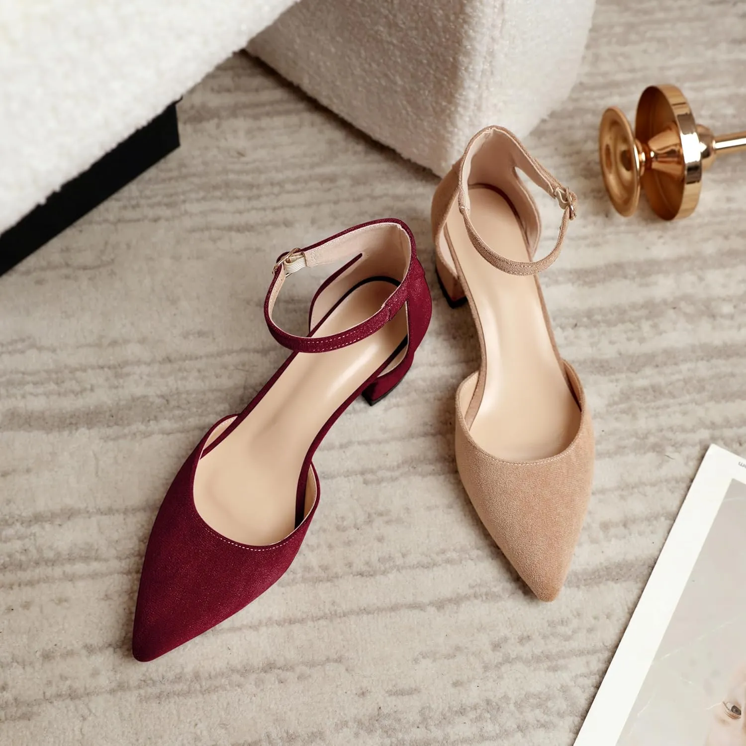 Mettesally Women's Low Block Heels Chunky Heel Closed Pointed Toe D'Orsay Pumps Ankle Strap Heeled Party Dress Shoes