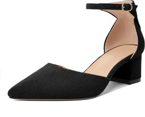 Mettesally Women's Low Block Heels Chunky Heel Closed Pointed Toe D'Orsay Pumps Ankle Strap Heeled Party Dress Shoes