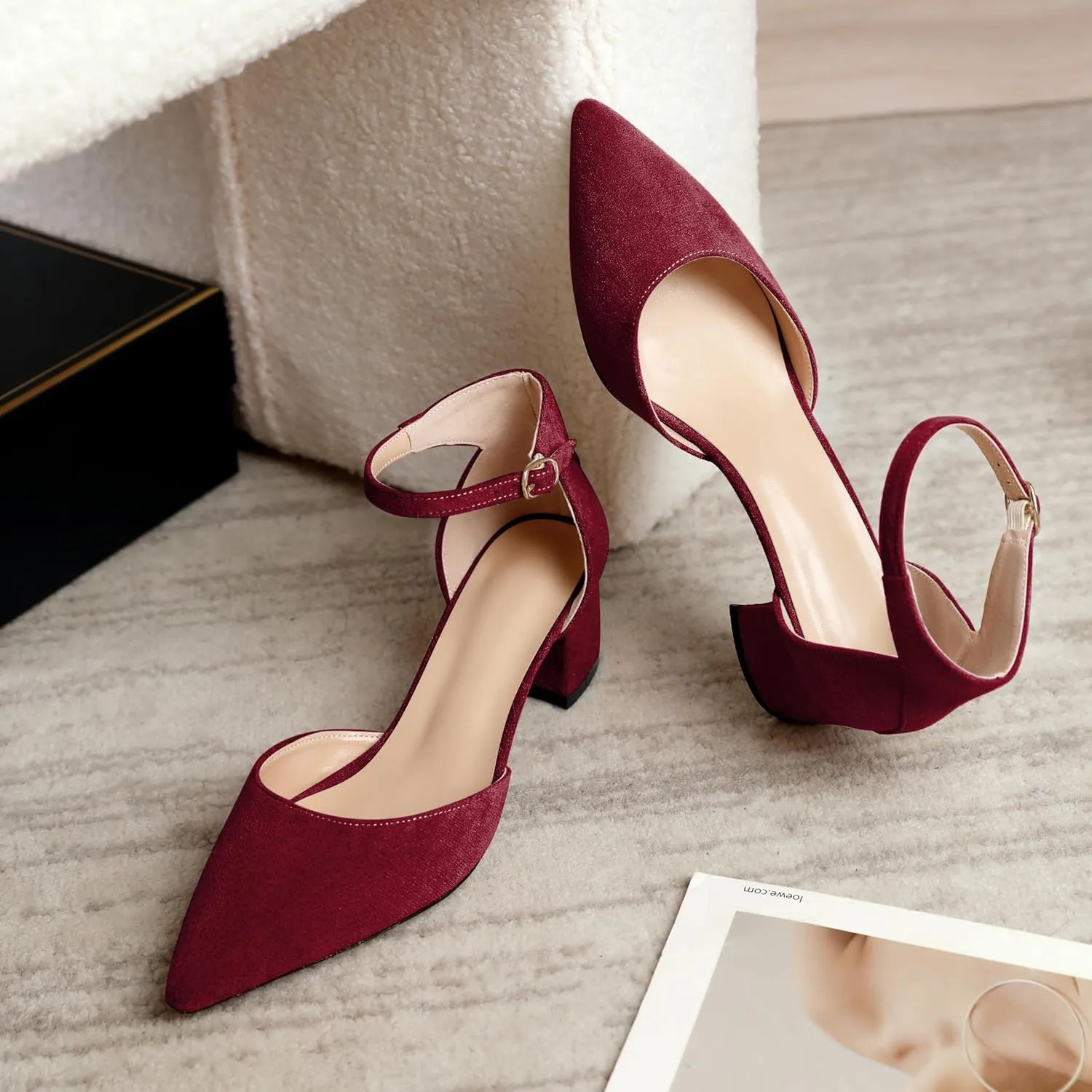 Mettesally Women's Low Block Heels Chunky Heel Closed Pointed Toe D'Orsay Pumps Ankle Strap Heeled Party Dress Shoes