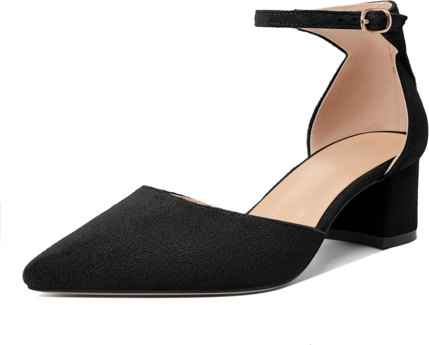 Mettesally Women's Low Block Heels Chunky Heel Closed Pointed Toe D'Orsay Pumps Ankle Strap Heeled Party Dress Shoes
