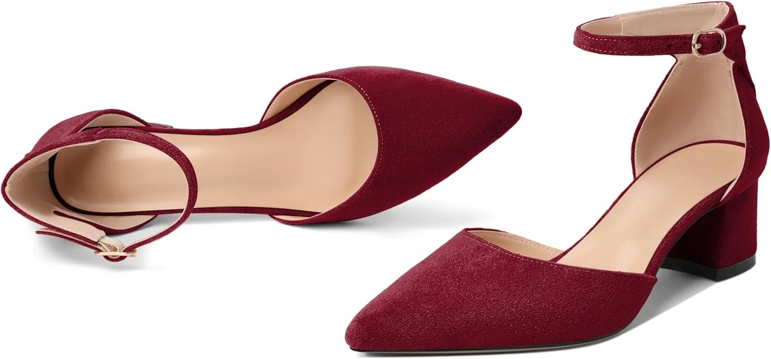 Mettesally Women's Low Block Heels Chunky Heel Closed Pointed Toe D'Orsay Pumps Ankle Strap Heeled Party Dress Shoes
