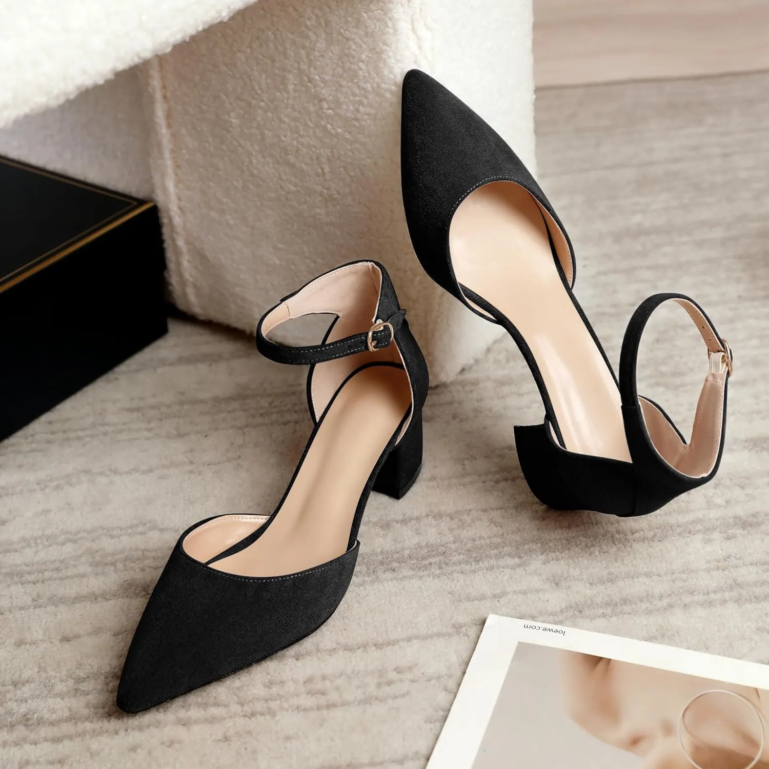 Mettesally Women's Low Block Heels Chunky Heel Closed Pointed Toe D'Orsay Pumps Ankle Strap Heeled Party Dress Shoes