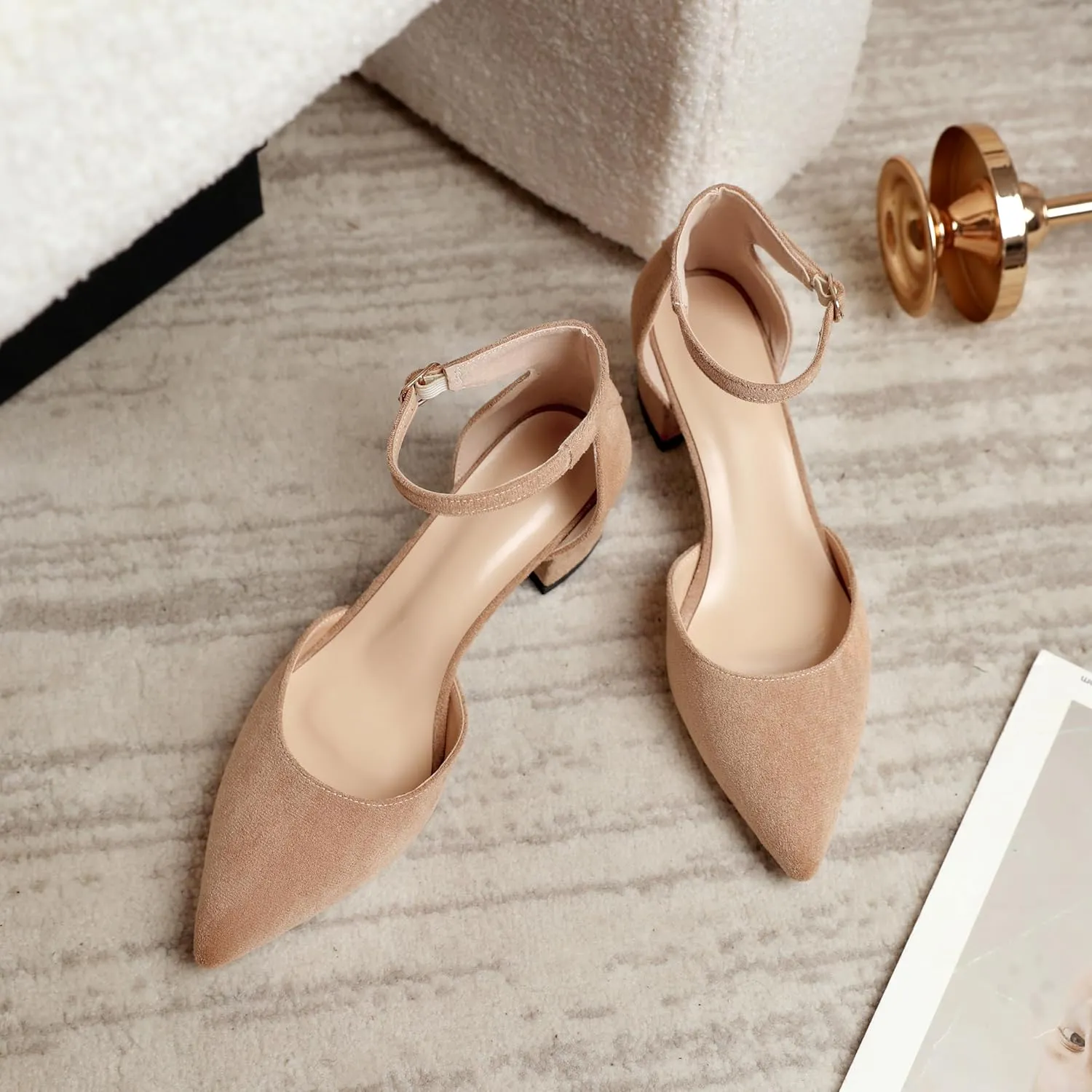 Mettesally Women's Low Block Heels Chunky Heel Closed Pointed Toe D'Orsay Pumps Ankle Strap Heeled Party Dress Shoes
