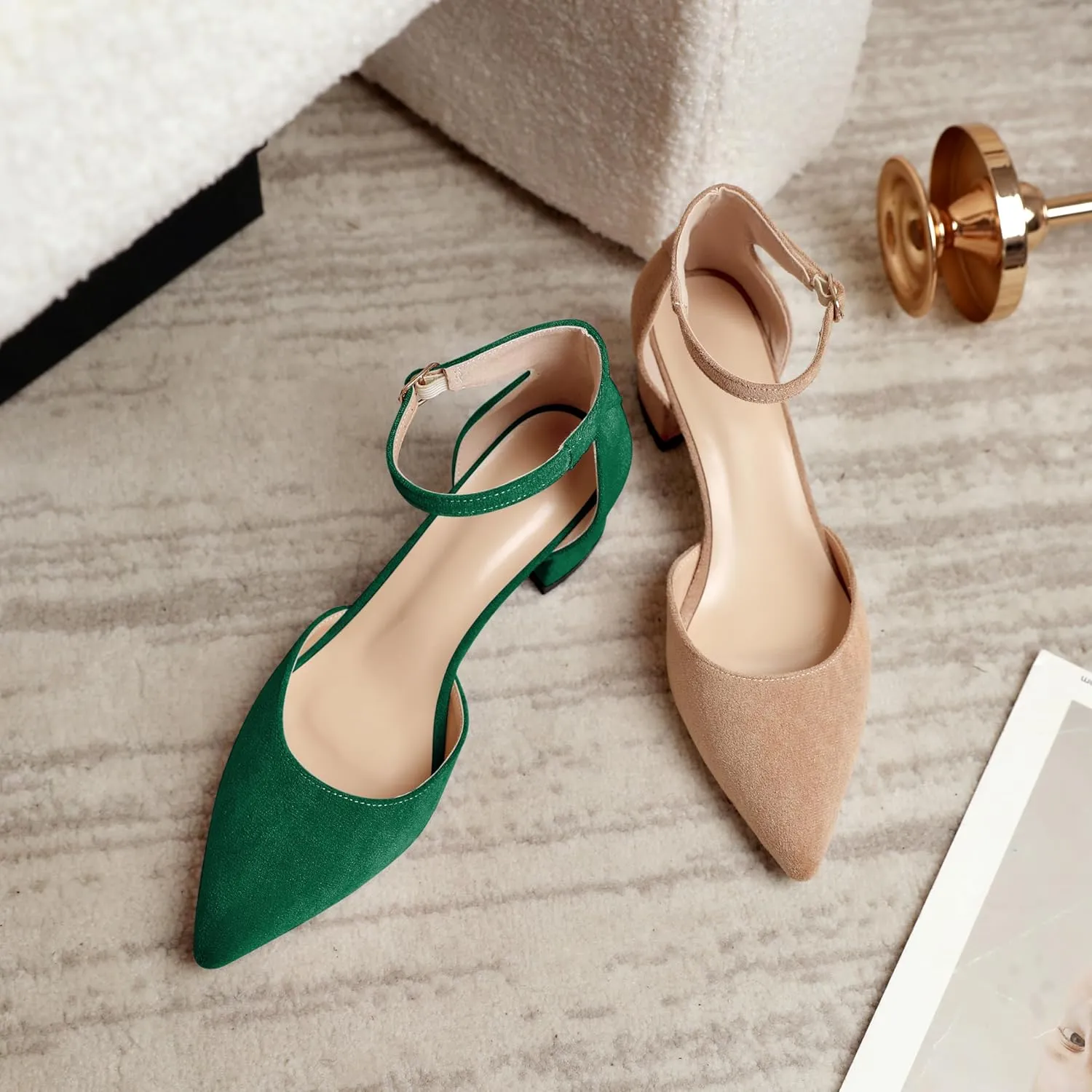 Mettesally Women's Low Block Heels Chunky Heel Closed Pointed Toe D'Orsay Pumps Ankle Strap Heeled Party Dress Shoes