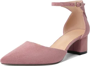 Mettesally Women's Low Block Heels Chunky Heel Closed Pointed Toe D'Orsay Pumps Ankle Strap Heeled Party Dress Shoes