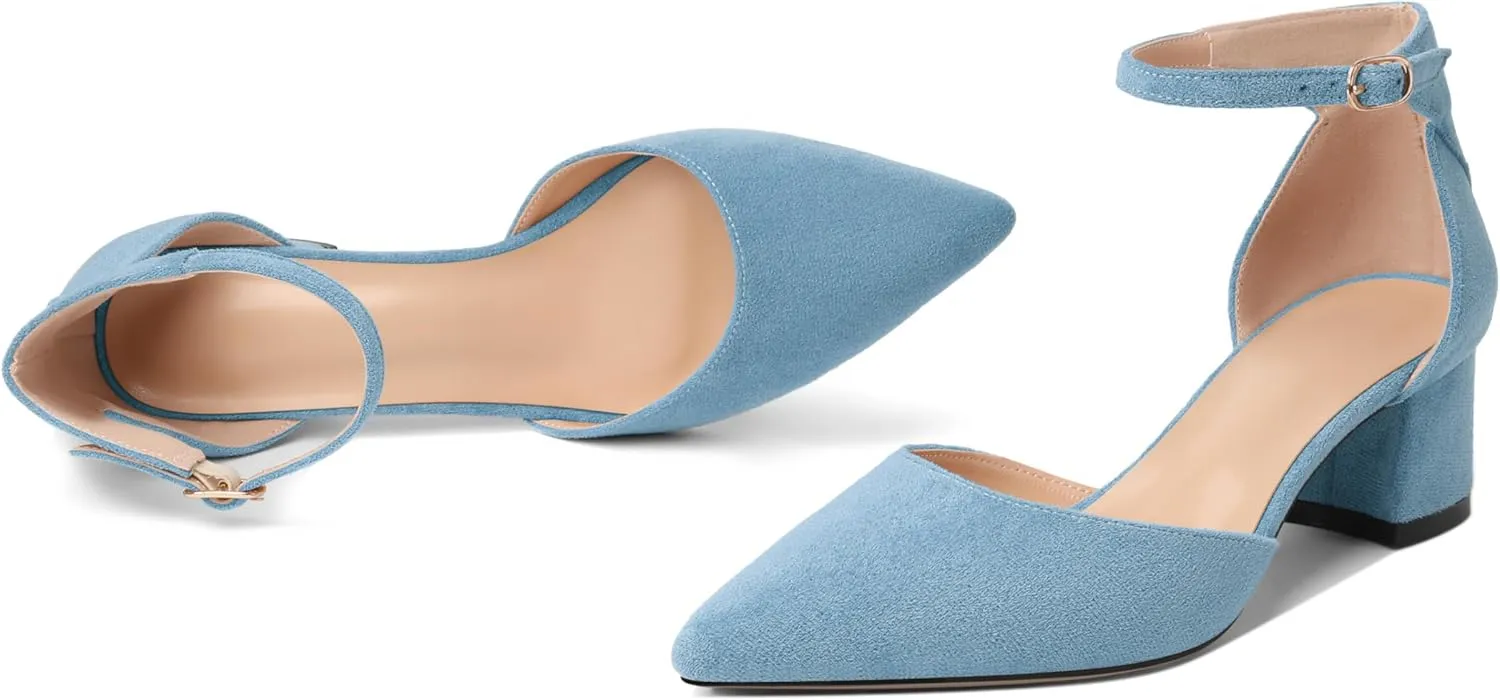 Mettesally Women's Low Block Heels Chunky Heel Closed Pointed Toe D'Orsay Pumps Ankle Strap Heeled Party Dress Shoes