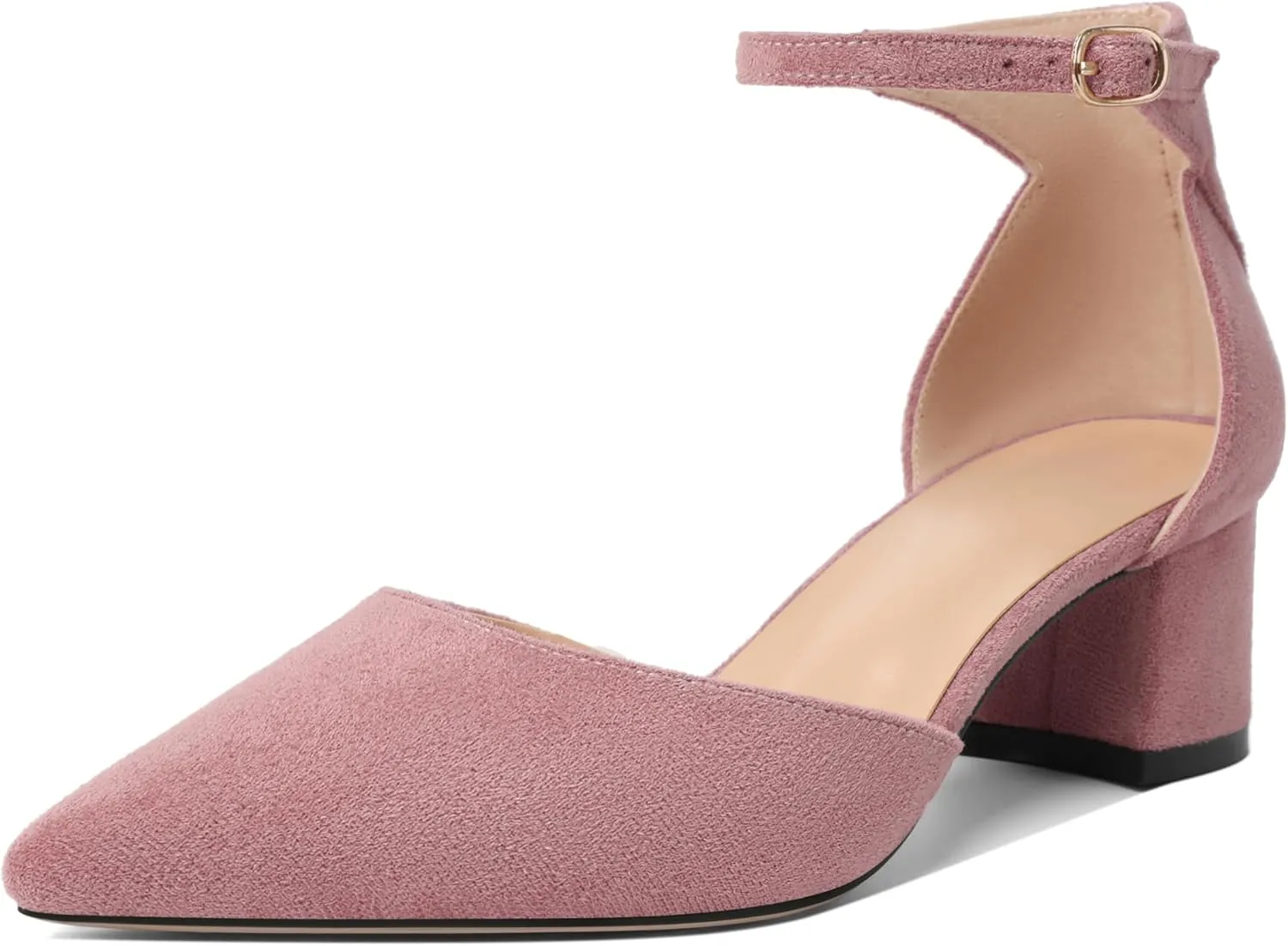 Mettesally Women's Low Block Heels Chunky Heel Closed Pointed Toe D'Orsay Pumps Ankle Strap Heeled Party Dress Shoes
