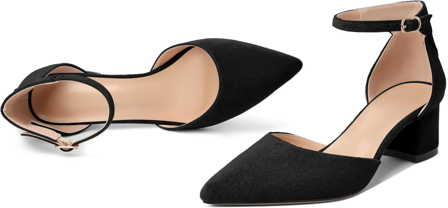 Mettesally Women's Low Block Heels Chunky Heel Closed Pointed Toe D'Orsay Pumps Ankle Strap Heeled Party Dress Shoes