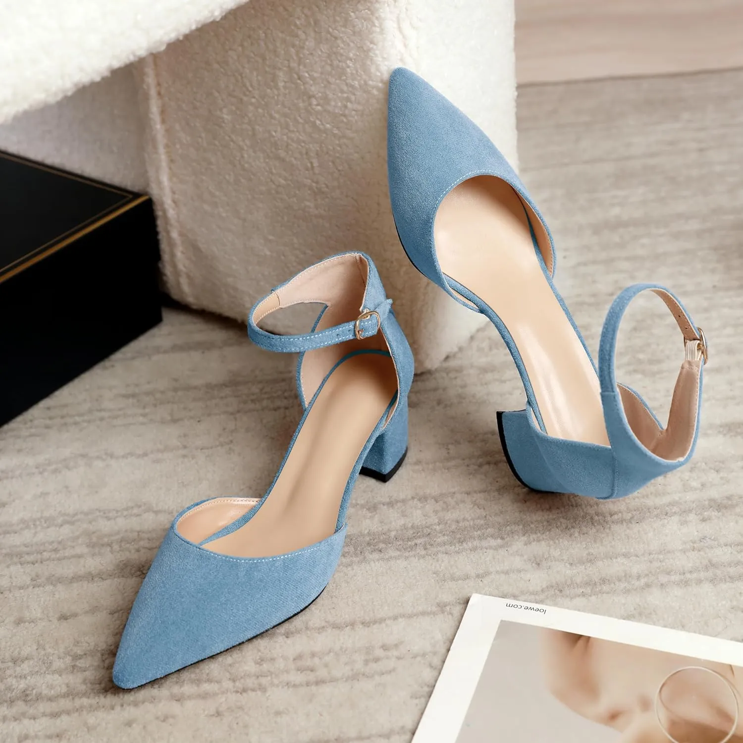 Mettesally Women's Low Block Heels Chunky Heel Closed Pointed Toe D'Orsay Pumps Ankle Strap Heeled Party Dress Shoes