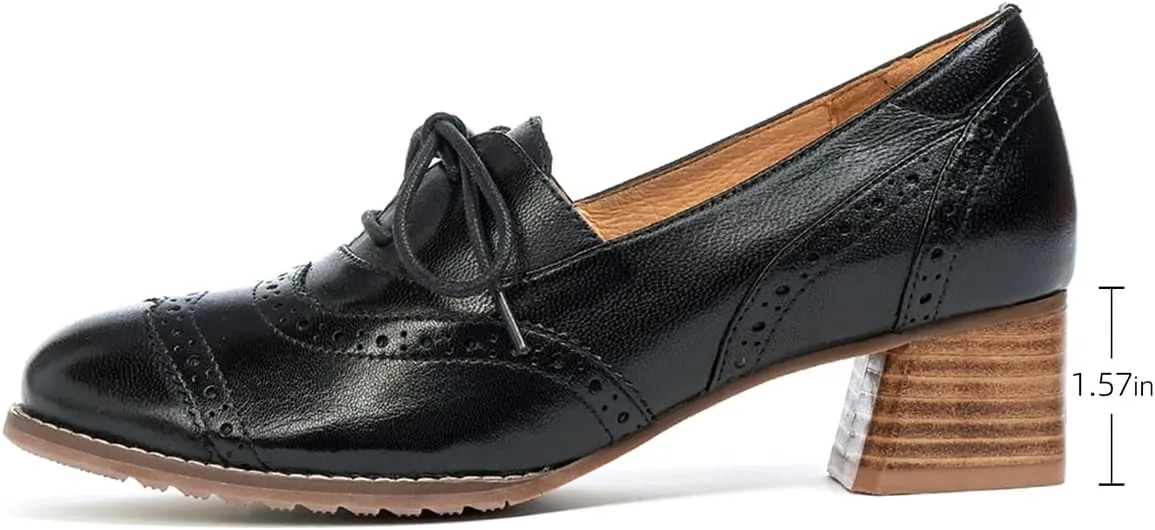 Mona flying Womens Leather 4 cm Mid Chunky Heel Wingtip Oxfords Brogue Lace up Dress Pumps Heel Office Work Shoes for Ladies