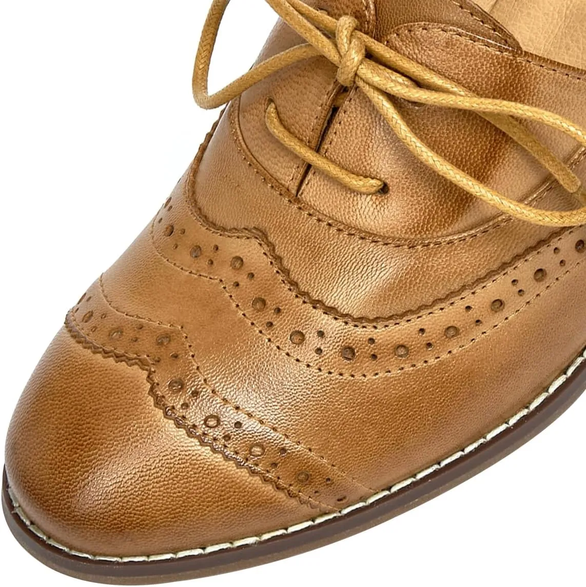 Mona flying Womens Leather 4 cm Mid Chunky Heel Wingtip Oxfords Brogue Lace up Dress Pumps Heel Office Work Shoes for Ladies