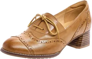 Mona flying Womens Leather 4 cm Mid Chunky Heel Wingtip Oxfords Brogue Lace up Dress Pumps Heel Office Work Shoes for Ladies
