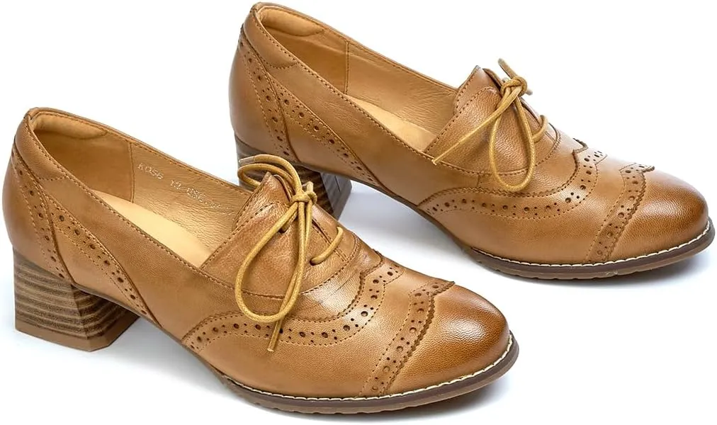 Mona flying Womens Leather 4 cm Mid Chunky Heel Wingtip Oxfords Brogue Lace up Dress Pumps Heel Office Work Shoes for Ladies