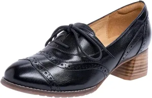 Mona flying Womens Leather 4 cm Mid Chunky Heel Wingtip Oxfords Brogue Lace up Dress Pumps Heel Office Work Shoes for Ladies