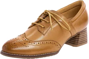 Mona flying Womens Leather 4 cm Mid Chunky Heel Wingtip Oxfords Brogue Lace up Dress Pumps Heel Office Work Shoes for Ladies