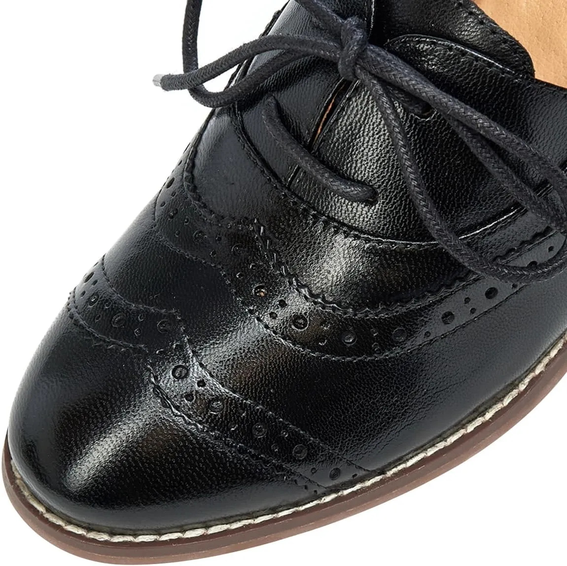 Mona flying Womens Leather 4 cm Mid Chunky Heel Wingtip Oxfords Brogue Lace up Dress Pumps Heel Office Work Shoes for Ladies