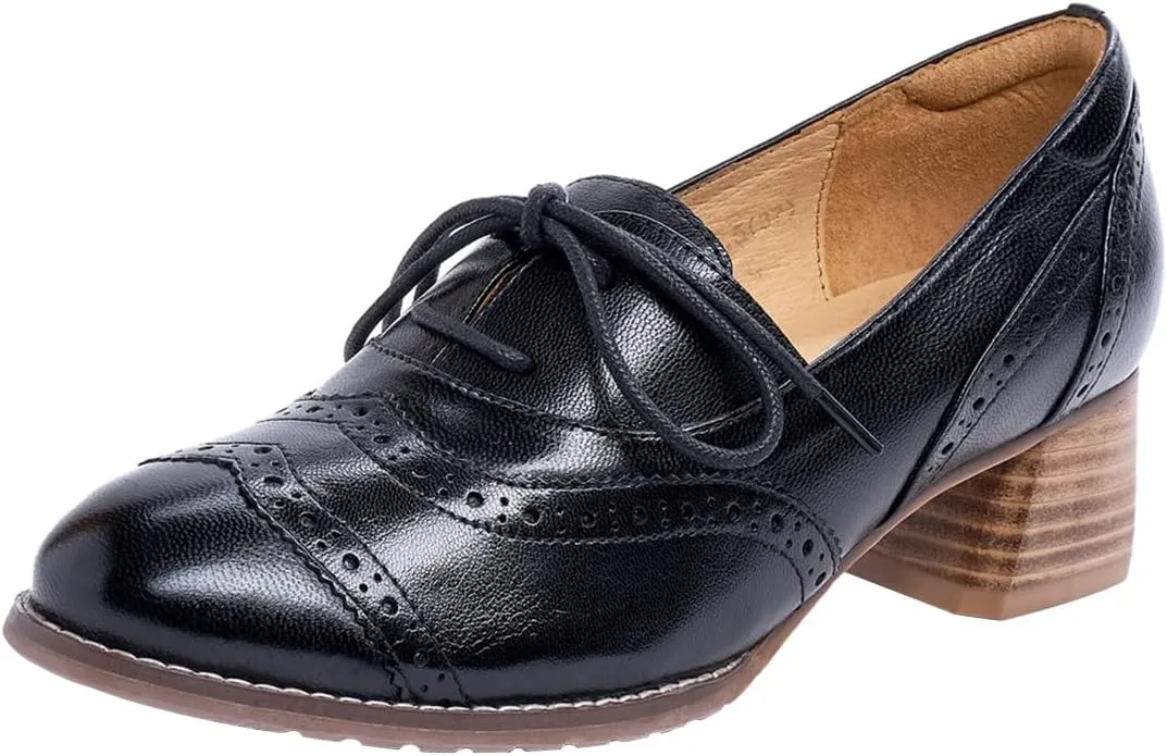 Mona flying Womens Leather 4 cm Mid Chunky Heel Wingtip Oxfords Brogue Lace up Dress Pumps Heel Office Work Shoes for Ladies