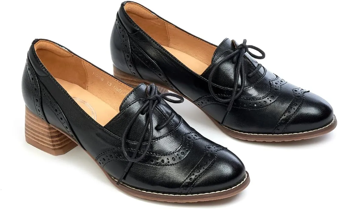 Mona flying Womens Leather 4 cm Mid Chunky Heel Wingtip Oxfords Brogue Lace up Dress Pumps Heel Office Work Shoes for Ladies