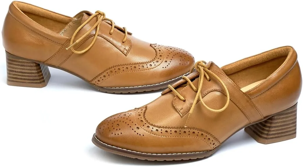 Mona flying Womens Leather 4 cm Mid Chunky Heel Wingtip Oxfords Brogue Lace up Dress Pumps Heel Office Work Shoes for Ladies