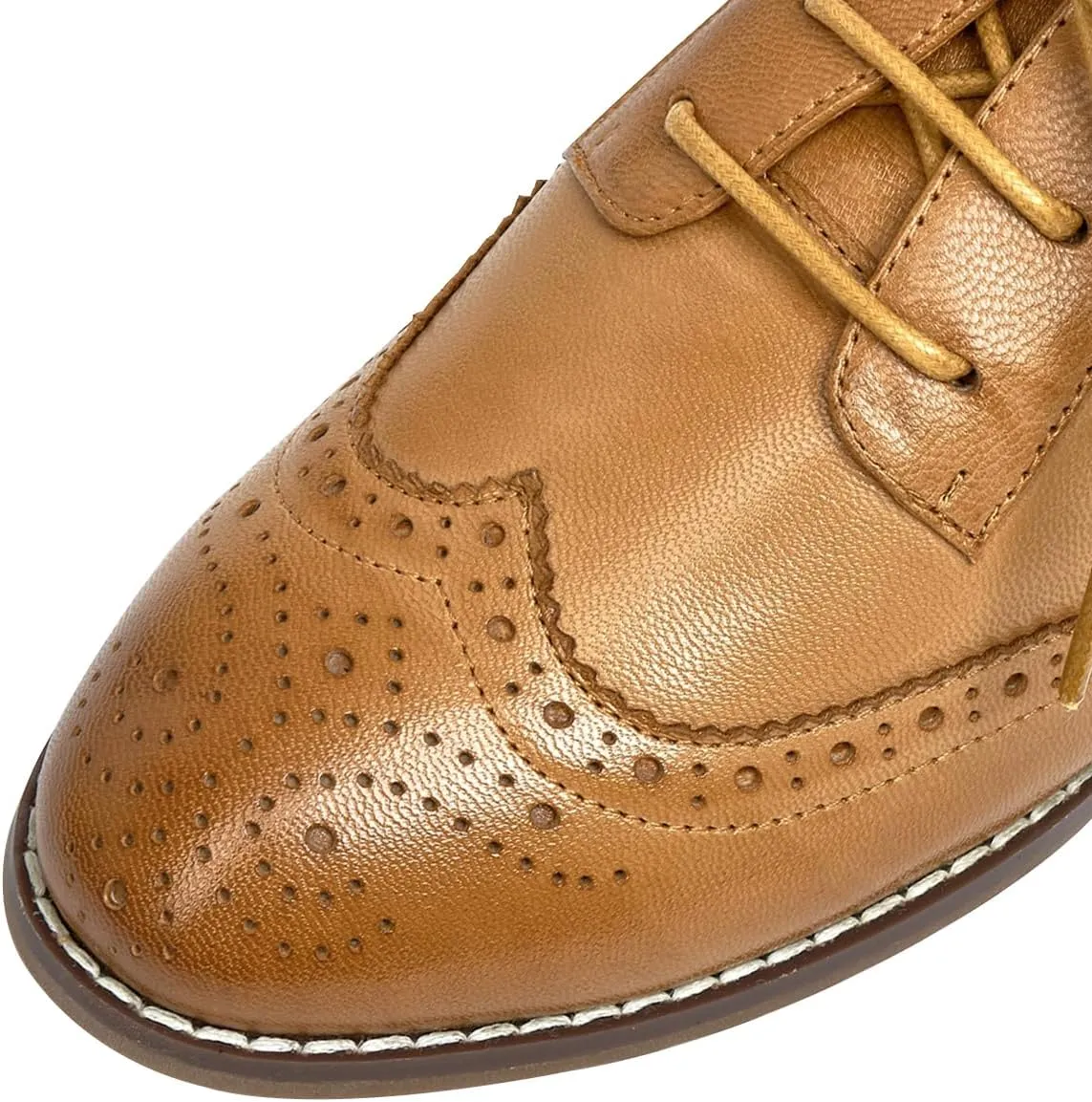 Mona flying Womens Leather 4 cm Mid Chunky Heel Wingtip Oxfords Brogue Lace up Dress Pumps Heel Office Work Shoes for Ladies