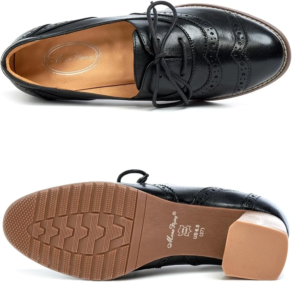 Mona flying Womens Leather 4 cm Mid Chunky Heel Wingtip Oxfords Brogue Lace up Dress Pumps Heel Office Work Shoes for Ladies