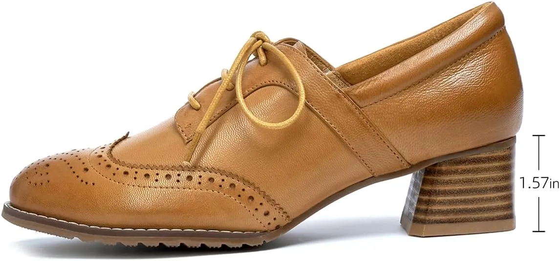 Mona flying Womens Leather 4 cm Mid Chunky Heel Wingtip Oxfords Brogue Lace up Dress Pumps Heel Office Work Shoes for Ladies