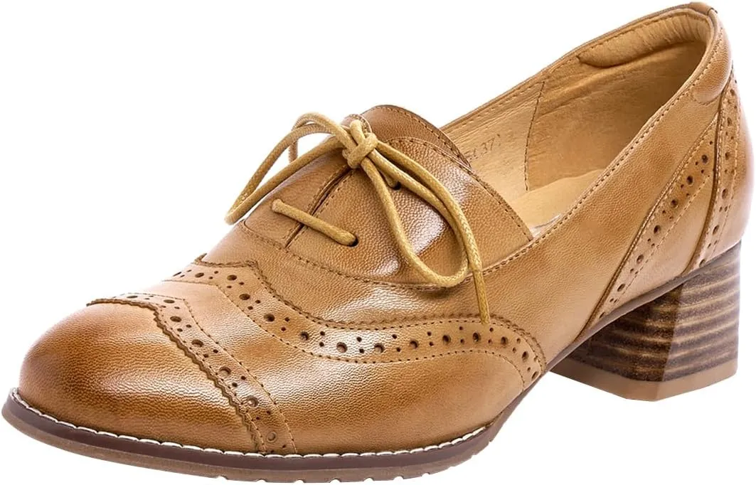 Mona flying Womens Leather 4 cm Mid Chunky Heel Wingtip Oxfords Brogue Lace up Dress Pumps Heel Office Work Shoes for Ladies